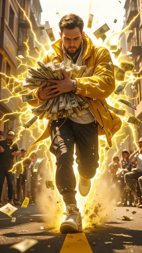 A hyper-realistic, ultra-detailed 8K cinematic action scene of a mysterious super-speed man carrying a massive bundle of cash at lightning speed. His figure is surrounded by glowing yellow and white energy trails, and his motion leaves behind streaks of li...