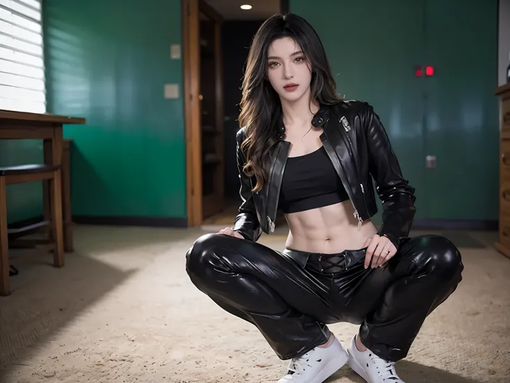 (masterpiece), best quality, HD, 4K, perfect face, black hair, leaked cum, socks, yellow eyes, hetero, torned dirt leather Jacket, hairband, black long hime hair, hime cut, arrogant assassin, collarbone, prostitution, muscular, knee, ABS collarbone, dirty ...