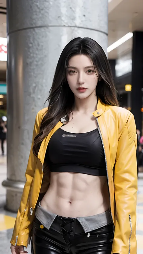 (masterpiece), best quality, HD, 4K, perfect face, black hair, staring at viewer, yellow eyes, hetero, torned dirt leather Jacket, hairband, black long hime hair, hime cut, arrogant stare, collarbone, prostitution, muscular slim, ABS collarbone, dirty boot...