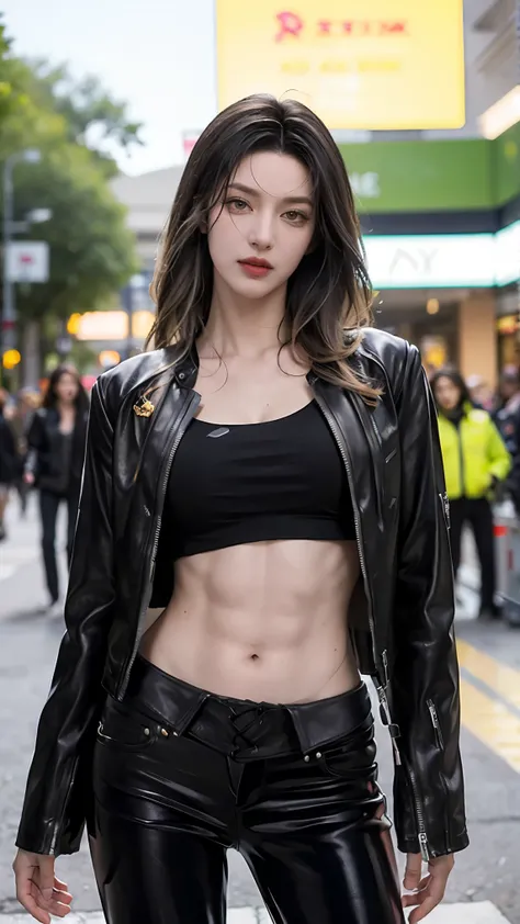 (masterpiece), best quality, HD, 4K, perfect face, black hair, leaked cum, socks, yellow eyes, hetero, torned dirt leather Jacket, hairband, black long hime hair, hime cut, arrogant assassin, collarbone, prostitution, muscular, knee, ABS collarbone, dirty ...