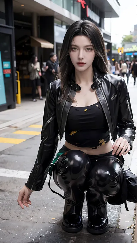 (masterpiece), best quality, HD, 4K, perfect face, black hair, leaked cum, socks, yellow eyes, hetero, torned dirt leather Jacket, hairband, black long hime hair, hime cut, arrogant assassin, collarbone, prostitution, muscular, knee, ABS collarbone, dirty ...