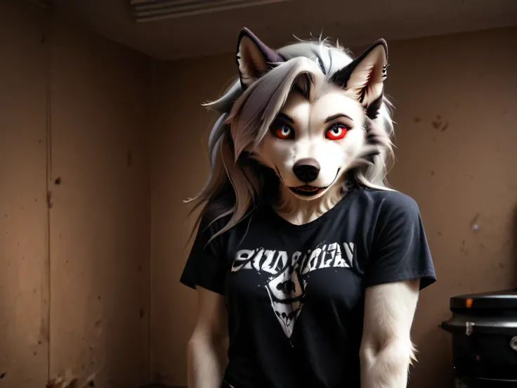 Loona, furry, fluffy tail, solo, wearing (t-shirt ,Dungarees, work clothes), works in a garage, garage, repairs a motorcycle, holds a wrench in hand, clothes are slightly stained with engine oil, fluorescent lamps shine from the ceiling, cinematic light, u...
