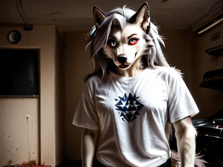 Loona, furry, fluffy tail, solo, wearing (t-shirt ,Dungarees, work clothes), works in a garage, garage, repairs a motorcycle, holds a wrench in hand, (clothes are slightly stained with engine oil), fluorescent lamps shine from the ceiling, high-range shot,...