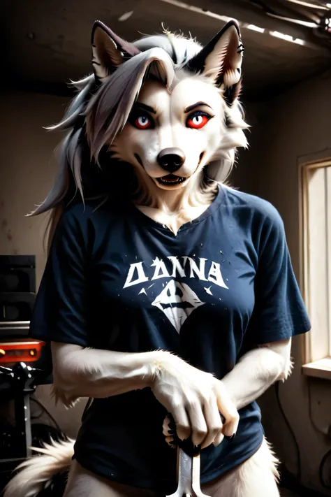 Loona, furry, fluffy tail, solo, wearing (t-shirt ,Dungarees, work clothes), works in a garage, garage, repairs a motorcycle, holds a wrench in hand, (clothes are slightly stained with engine oil), fluorescent lamps shine from the ceiling, high-range shot,...