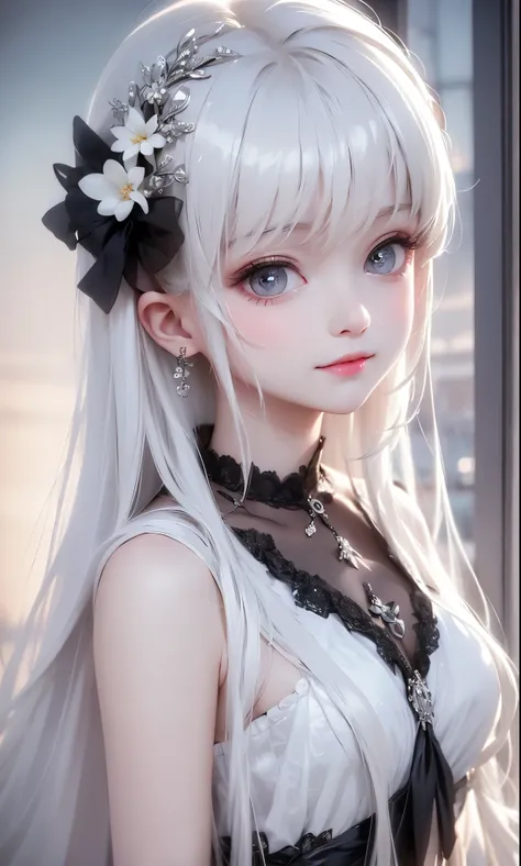 masterpiece:1.5、 Black and White Color Schemes , Sexy Girl, small, Silver Hair, portrait, cute、flower hair accessory、valley