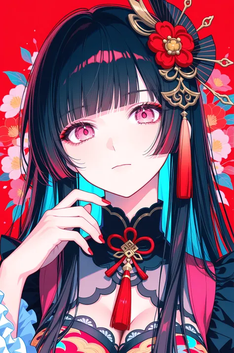 woman, solo, red nails, looking at viewer, bangs, pink eyes, long hair, black hair, hair ornament, hand up, flower, blunt bangs, closed mouth, tassel, ribbon, portrait, colorful, red background, frills, multicolored hair, upper body,
