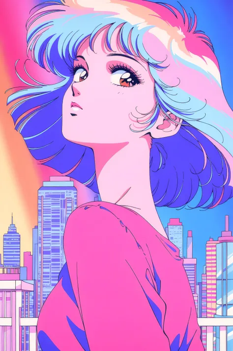(highest quality:1.2, City Pop Style, Very detailed, up to date, Vibrant, High Contrast, masterpiece:1.2, highest quality, Best aesthetics), 1woman, ((Face Up Shot:1.4)), Colorful Hair, himecut, pastel colour, 1980s style, ((Retro, Vintage, Solid color bac...