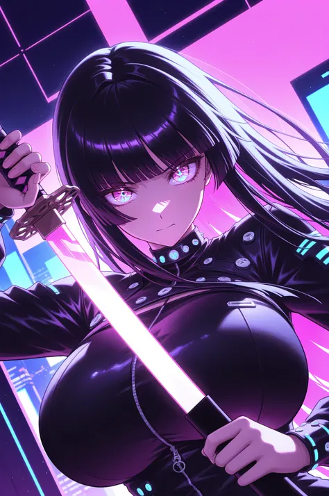 masterpiece, best quality, good quality, absurdres, highres, cyber punk,
BREAK 
1girl, Face Focus, Side Angle, upper body, black hime cut, (magenta eyes), holding Katana pose,dynamic angle, huge breasts
BREAK
Backlight, one side light, cybernetic digital b...