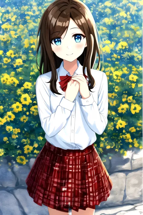 1girl, anime style, soft shading, beautiful blue eyes, slight blush, shy expression, medium length brown hair, semi-long hair, soft loose bangs, hair slightly covering one eye, small smile, white blouse with red ribbon, red plaid skirt, school uniform, ple...