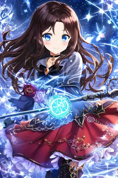 1girl, anime style, cute magical girl, young witch, soft shading, medium length brown hair, soft waves, hair covering one side, blue eyes, shy expression, blushing, seductive smile, soft eyes, slightly open mouth, moist eyes, gentle pose, slightly leaning ...