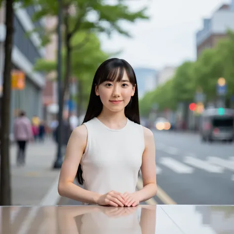 The age is different２elementary school girls walking along the sidewalk on the main road on the way to school in the morning, Has long hair and is wearing a white leotard swimsuit, Sit at a desk in the TV studio
