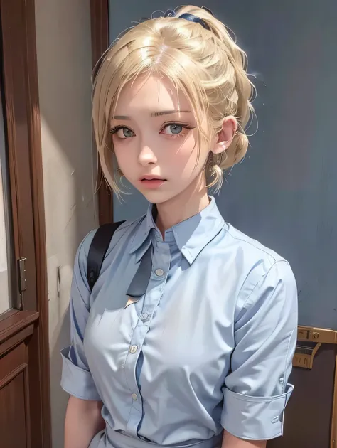 {{masterpiece:1.2}}, {{1woman}}, ((upper body)), ((look at viewer)), (standing)), ((Entrance to the condominium)), 21 years old, ((gal)), ((blonde hair, short hair)), ((ponytail_weave_HAIRSTYLES)), ((school uniform, light blue shirt)), ((sad expression)), ...