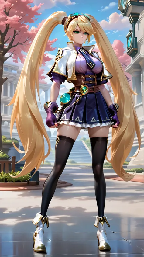 score_9_up, score_8_up, score_7_up, masterpiece, highest quality, ultra detailed, (perfect face:1.1), (high detail:1.1), (hyper detailed eyes), uncensored, (solo, 1girl, layladefault, very long hair, blonde hair, twintails, bangs, goggles on head, green ey...