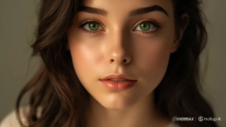 ultra realistic close-up portrait of a stunning 18-year-old brunette girl, shiny dark brown hair, large deep green eyes, long curled lashes, full lips, sharp straight nose, wide natural eyebrows, flawless porcelain skin, neutral expression, soft lighting, ...