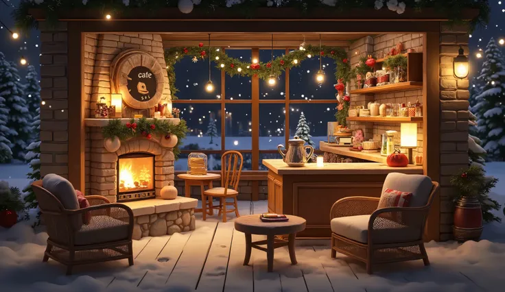 A cozy mountain cabin porch at night , with rattan furniture with cushions, a small round table, a candle on a wooden side table, and a pumpkin on the deck. "Natural brick cafe figure, has a cozy glass window, with a winter view, surrounded by snow-covered...