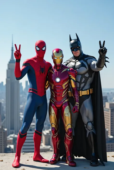  bright daytime 、Spider-Man poses lightly on the roof of a city、Iron Man、Batman stands shoulder to shoulder and peace sign facing the camera。Spider-Man poses lightly、Iron Manはスーツの手でVサイン、Batman is slightly shy yet modestly peace with his fingers。The background is a blue sky and a skyscraper、A scene where the heroes ooze with their rare friendship and peaceful atmosphere、cowboy shot in the background、selfie、masterpiece