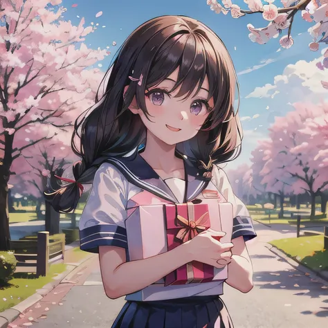 A breathtakingly beautiful 20-year-old woman stands in a lush park filled with cherry blossoms in full bloom beneath a clear blue sky. She wears a classic sailor uniform and gently holds a small, neatly wrapped gift box adorned with a red ribbon. Her radia...