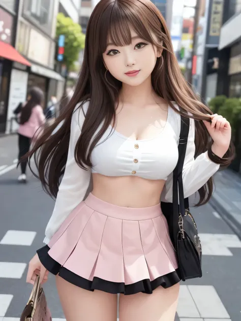 (Highest Quality)、masterpiece、hyperrealism、Great highlights、 Harajuku Takeshita Street 、(Princess)、 features a woman with sex appeal、The Girl Is Seductive、 Glossy Brown Hair 、Middle Layer Bob、cute、lips、Laughter 、colorful transparent street fashion、mini ski...