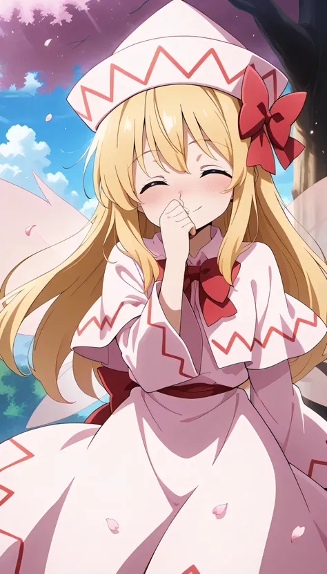 absurdres, highres, masterpiece, best quality, amazing quality, official anime artwork, screencap, anime screencap, outdoors, closed eyes, smile, blush , pinching nose, dynamic pose, day,  sakura tree, light particles, petals, 
  lily white, 1girl, solo, b...