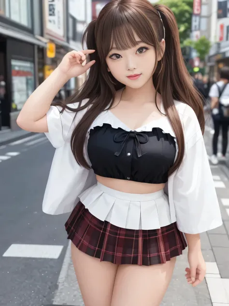 (Highest Quality)、masterpiece、hyperrealism、Great highlights、Lively Harajuku Takeshita Street、(Princess)、 features a woman with sex appeal、The Girl Is Seductive、 Glossy Brown Hair 、Middle Twin Tail、cute、Laughter 、lips、 colorful street fashion、mini skirt、Pan...