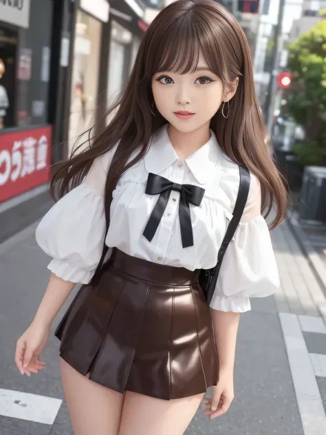 (Highest Quality)、masterpiece、hyperrealism、Great highlights、 Harajuku Takeshita Street 、(Princess)、 features a woman with sex appeal、The Girl Is Seductive、 Glossy Brown Hair 、Middle Layer Bob、cute、lips、Laughter 、colorful transparent street fashion、mini ski...