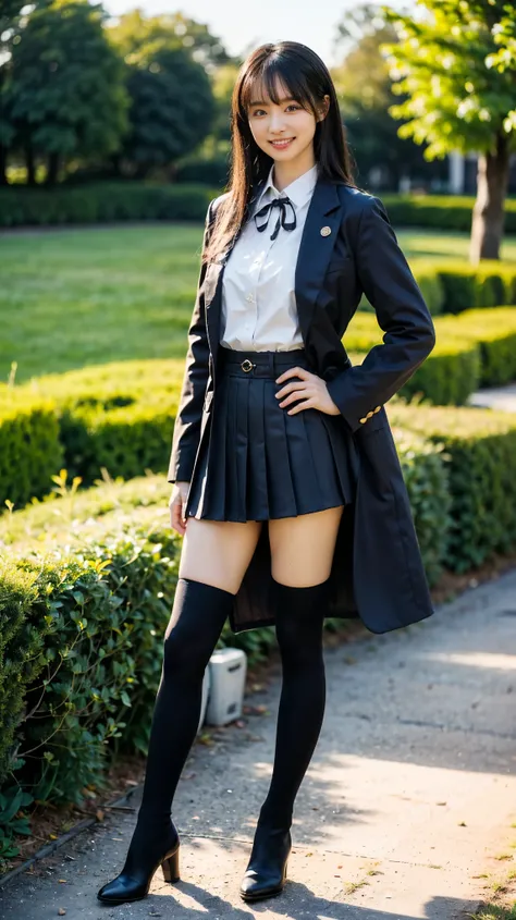 (8k、  original photo 、 top quality、Masterpiece:1.2)、(Realistic、Realistic)、1 person、((Black long coat 、 bracelet 、smile、 ribbon、Uniform、 shirt、  } black miniskirt 、tights、 medium length hair、 black long boots 、garden、thin legs、The whole body、Stand your hand...