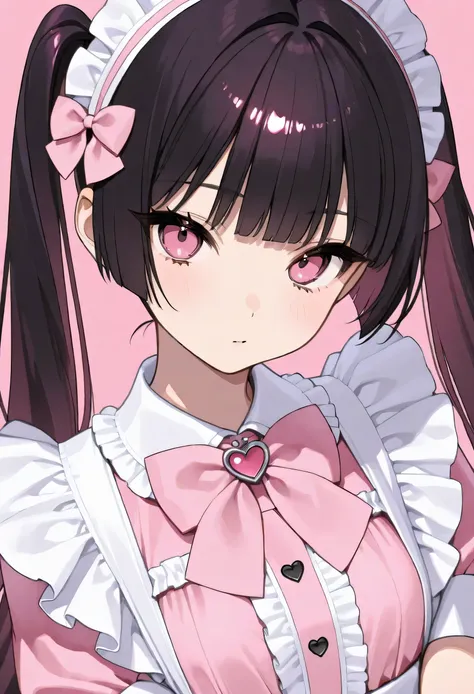 dark haired、pink、Princess Cut、long hair、twin tails、pink eyes、Maid Outfit、 classic clothes 、 ruffled clothes、pink bow、pink background、frill headband、Head to waist、Invisible、upper eyelid