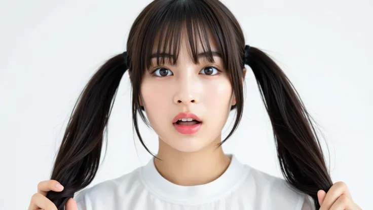 (((Highest image quality、twin tails、face up、dark haired、Look ahead and open your mouth wide)))sexy face、The background is a light color.