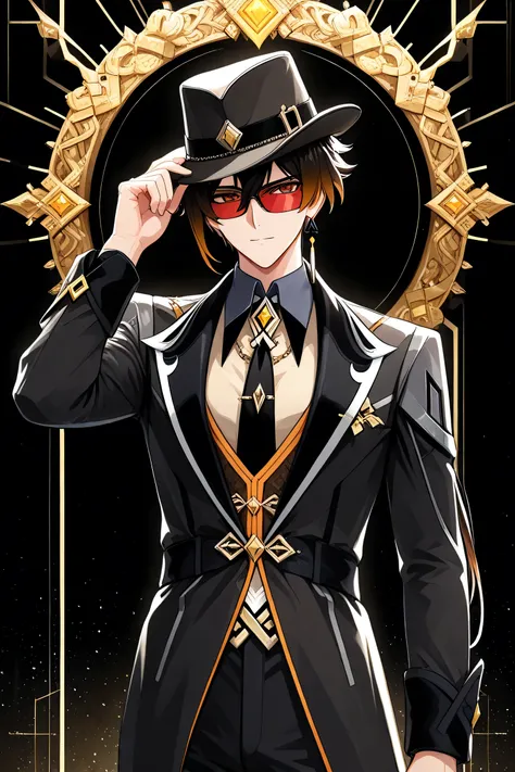 Man Model, Wearing a black peaky blinders costume, Black hair with brown highlights, long short hair on the far side head, Songli character, geshin impact, black plaid fashion suit alternating with gold, Boss of spy organization, left hand into trouser poc...