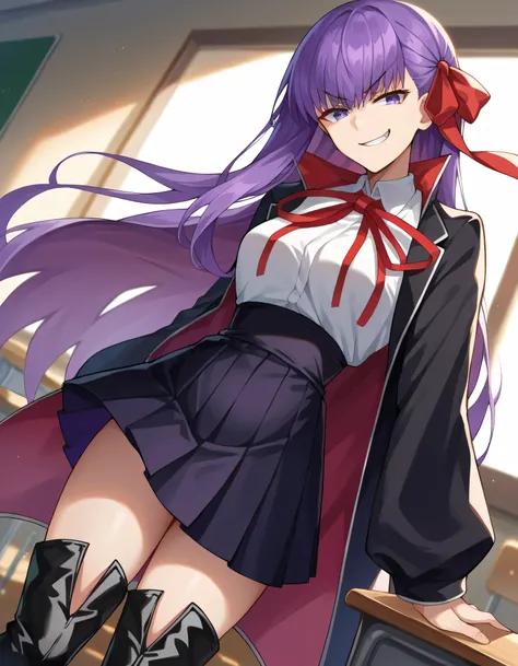 score_9, score_8_up, score_7_up, Source_Anime,
thick, 
bb, purple hair, Long Hair, bungs,
PURPLE EYES, black Jacket, black Skirt, collared shirt, hair ribbon, high-waist Skirt, Jacket, long sleeve, neck ribbon, open clothes, open Jacket, pleated Skirt, red...
