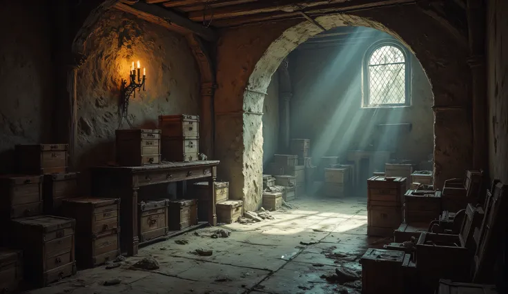 detailed CG unity 8k wallpaper, best quality, masterpiece:1.2, (underground storage room, scattered wooden boxes, dusty room, cobwebs on the celling). anthr0dnd, aidmafluxpro1.1, medieval fantasy concept art, 8K post-production, high resolution, vivid colo...