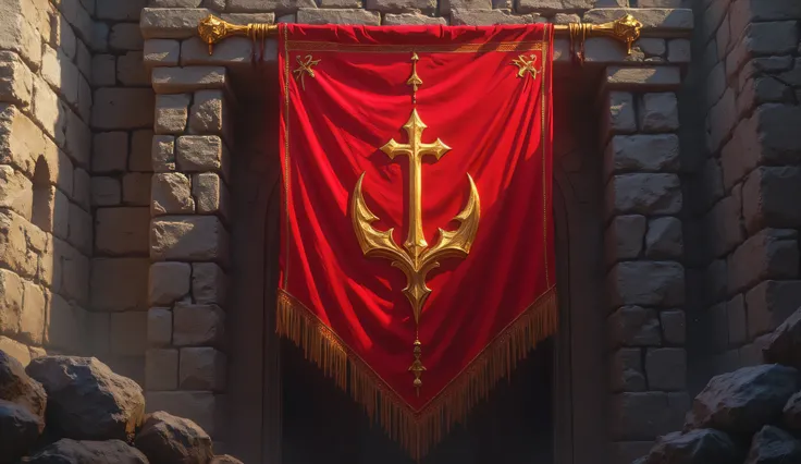 detailed CG unity 8k wallpaper, best quality, masterpiece:1.2, (a fantasy kingdom banner, scarlet with gold accent, hanged on the castle wall, close-up, minimalist design). anthr0dnd, aidmafluxpro1.1, concept art, 8K post-production, high resolution, vivid...