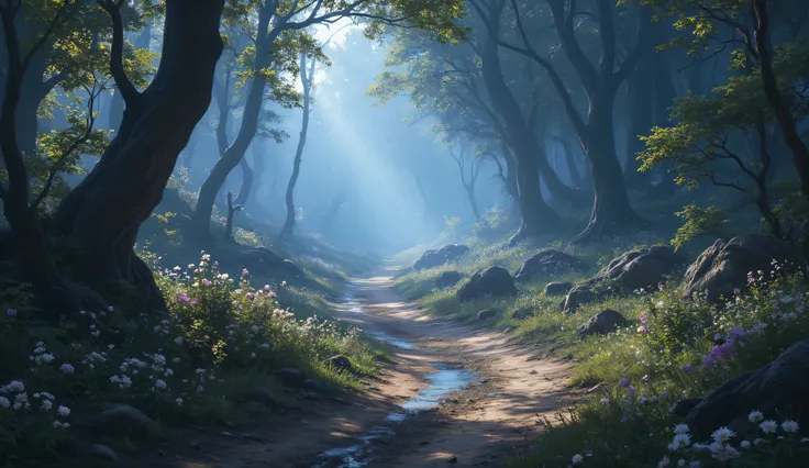 detailed CG unity 8k wallpaper, best quality, masterpiece:1.2, (winding path in the wood, dirt path, puddle on the path, flowers along the path, light blue hue). anthr0dnd, aidmafluxpro1.1, medieval fantasy concept art, 8K post-production, high resolution,...