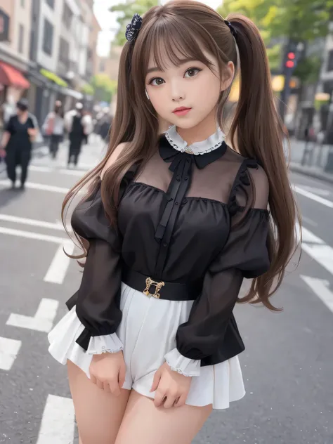 (Highest Quality)、masterpiece、hyperrealism、Great highlights、(Princess)、 features a woman with sex appeal、The Girl Is Seductive、 Glossy Brown Hair 、Middle Twin Tail、cute、lips、see-through street fashion、Panchira、Chubby Glowing Thighs、open legs and look embar...