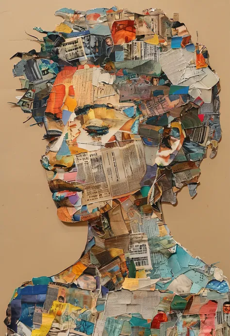 the face of a girl with a sleepy face、yawning、Beautiful Face, The rest of the face is、collage consisting of clippings from various newspapers and magazines. The background is bright greasy, and collage pieces are arranged、Depth of the work、A high dimension...