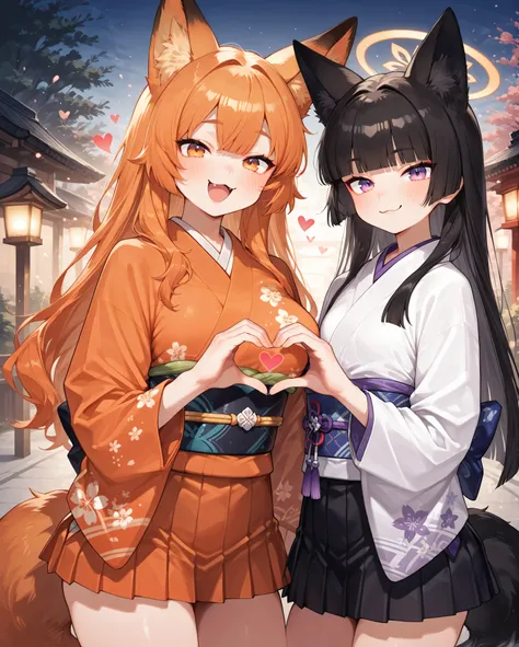 (2girls),(duo1:6),yuri,couple,beautiful face,長いまつ毛,1人目はStanding on the left side,fox ear,(flat chest1:4),,hime cut  long hair,princess cut hair, 。2人目は、Standing on the right side,orange color fox ear,gigantic  breasts,(前髪のある orange color long hair1:4),ultra...