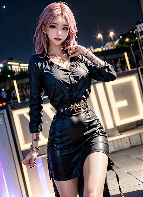 1Women, early 20s, fashion model, short silky pink hair, gold armlet, gold bracelet, golden eyes, happy, satisfied smile, seductive smile, flirty smile, golden cross necklace, Big breast. Black skirt, long sleeves, black shirt, (Tattoos:1.3), fashion show...