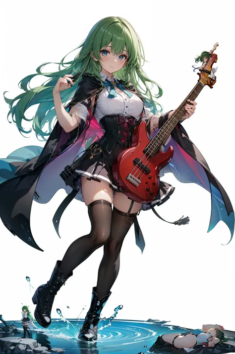 ((Full Body、full body))((masterpiece, Highest Quality, high resolution)), ((Highly Detailed CG Integrated 8K Wallpaper)), (huge amazing goddess shot,  breathtaking beauty, Perfect proportions, beautiful body,  slim body beauty :1.1), 白いElectric Bassと白い半袖のシ...
