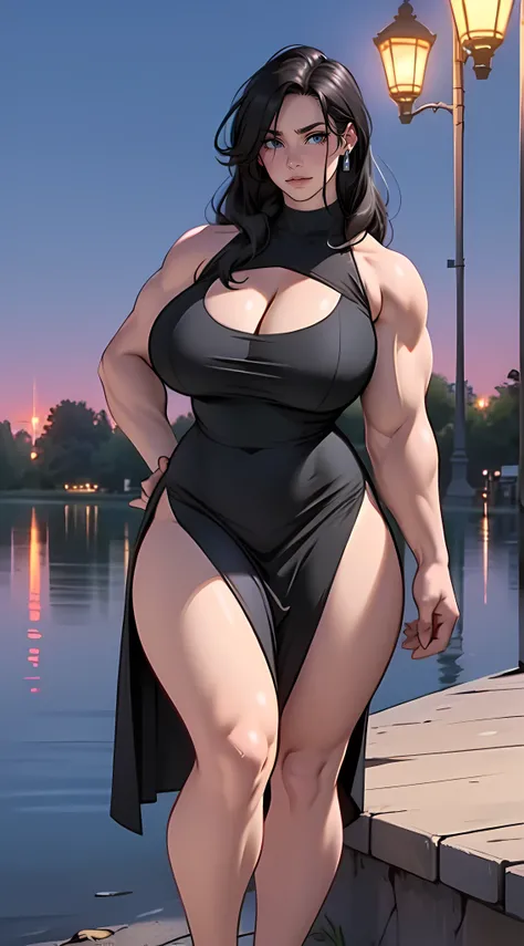 (big clevage translucent dress) (wide shoulders) massive female bodybuilder with (huge breasts:1.5) and (very long legs) black hair yellow eyes pale skin best quality sad girl lake shore at night