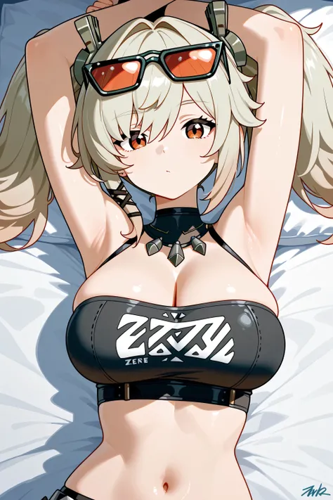 Zenless zone zero Burnice,lying on bed,curious expression,raised her arms up,her signature sunglasses is on her head,wears her signature black strapless tank top,pigtails hair