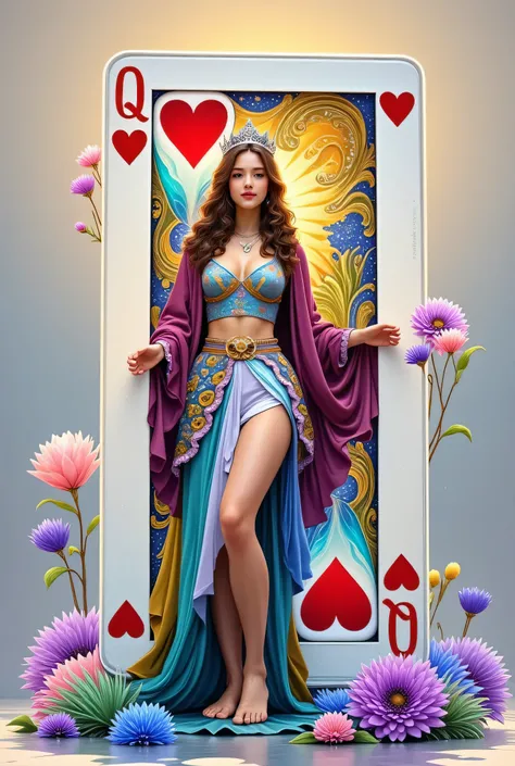 A realistic, beautiful queen with regal attire and a crown is emerging from a large, life-sized playing card of the Queen of Hearts. The playing card is upright and detailed, with the classic heart symbols and intricate design. The queen is stepping out of...