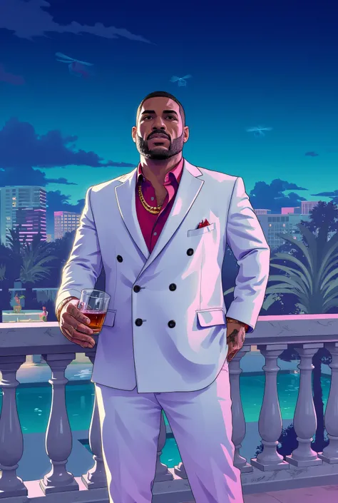 GTA 6 style: , a black man, and a scar down his left cheek, stands confidently on the balcony of a lavish Miami mansion at night, city lights flickering in the distance. He wears a white double-breasted suit with a blood-red shirt unbuttoned at the collar,...