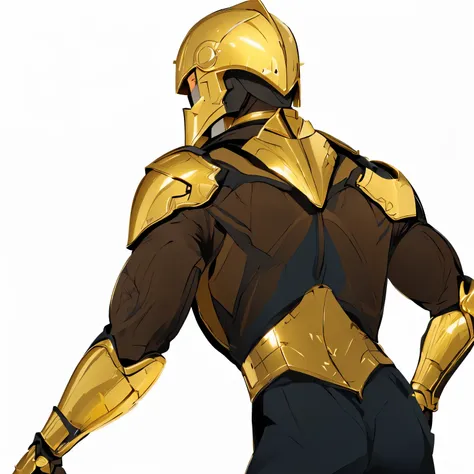 a man in an ash helmet stands with his back in a dynamic pose, sleek golden armor, body gold armor, heroic manly pose, smooth golden armor, golden armor suit, golden armor, villainous pose, Gold obsidian armor, wearing golden armor, high quality цветной эс...