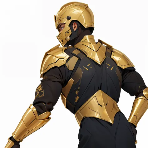 a man in an ash helmet stands with his back in a dynamic pose, sleek golden armor, body gold armor, heroic manly pose, smooth golden armor, golden armor suit, golden armor, villainous pose, Gold obsidian armor, wearing golden armor, high quality цветной эс...