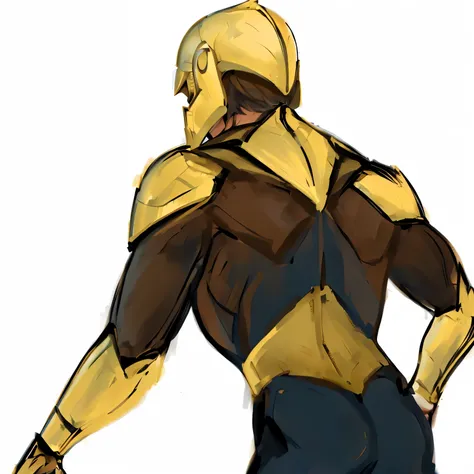 a man in an ash helmet stands with his back in a dynamic pose, sleek golden armor, body gold armor, heroic manly pose, smooth golden armor, golden armor suit, golden armor, villainous pose, Gold obsidian armor, wearing golden armor, high quality цветной эс...