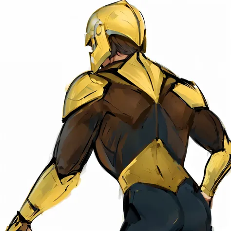 a man in an ash helmet stands with his back in a dynamic pose, sleek golden armor, body gold armor, heroic manly pose, smooth golden armor, golden armor suit, golden armor, villainous pose, Gold obsidian armor, wearing golden armor, high quality цветной эс...