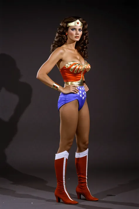 Lynda Carter as Wonder Woman, Sexy photo shoot with a completely dark gray background, full body photo, (( top quality)), (( masterpiece)), ( Details), 1 girl, Linda Carter as Sexy Wonder Woman, She wears a red and blue Wonder Woman costume , Panty...