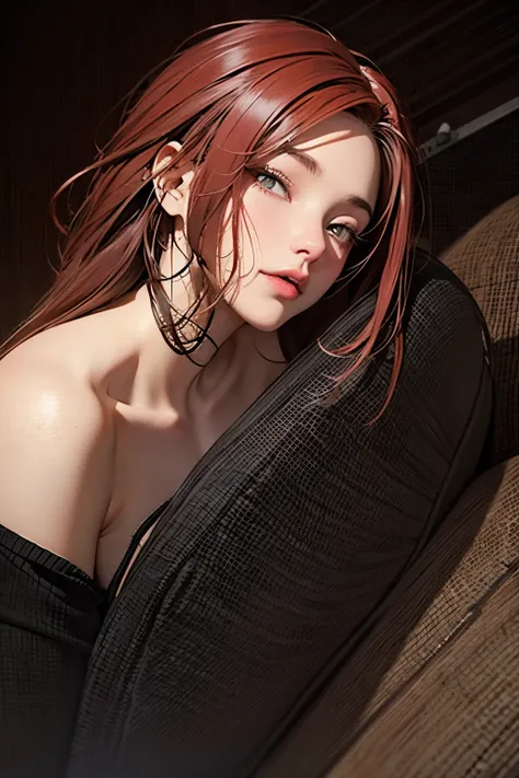 22 year old Russian tomboy, beautiful, attractive, in apartment kitchen, dark wolfcut shoulder legnth hair, red hair, naked, short height to viewer, 5 feet 2 inches tall, waking up, yawning, drowsy from sleep