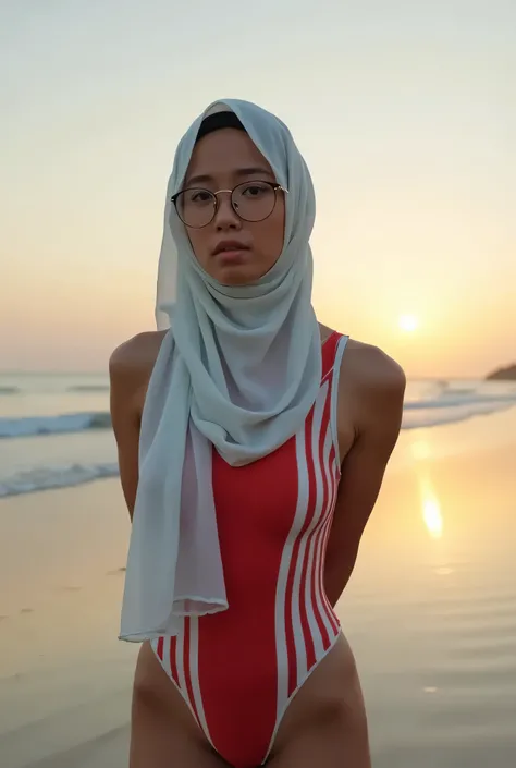 Disappointed facial expression, Front posing, Wearing Scarf neck tie, Front posing, SUPER SKINNY, memakai kacamata rabun,  (Thighs and calves huge muscles), (((MOODY FACE EXPRESSION))), "Wearing Hijab perfectly",  wearing Scoop Neck Sleeveless red Bodysuit...