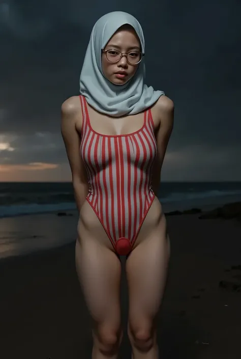 Disappointed facial expression, Front posing, Wearing Scarf neck tie, Front posing, SUPER SKINNY, memakai kacamata rabun,  (Thighs and calves huge muscles), (((MOODY FACE EXPRESSION))), "Wearing Hijab perfectly",  wearing Scoop Neck Sleeveless red Bodysuit...